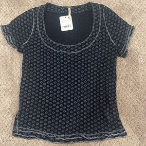 Free People Black Floral Short Sleeve Top